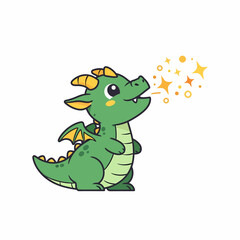 Cute green baby dragon breathing colorful stars illustration.