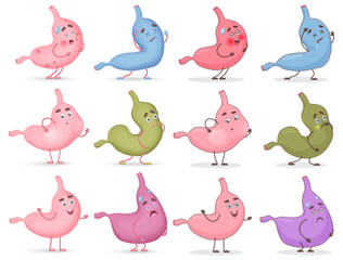 Cartoon set of cute stomach emotions set. Different types of stomach sickness vector illustration