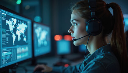 Young woman wears headset, works at computer in modern control center. Monitors global map, digital data for security, emergency response. Operator analyzes cyber operations at night, manages complex