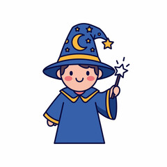 Cute cartoon wizard boy with magic wand and starry hat.