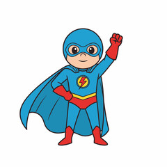 Superhero Kid Posing with a Raised Fist and a Blue Cape.