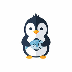 Cute Cartoon Penguin Holding a Fish Illustration.
