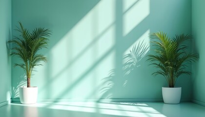 Fototapeta premium Bright turquoise room with two plants in white pots. Sun light creates palm leaf shadows on wall and floor. Minimalist interior space with green plants decor.
