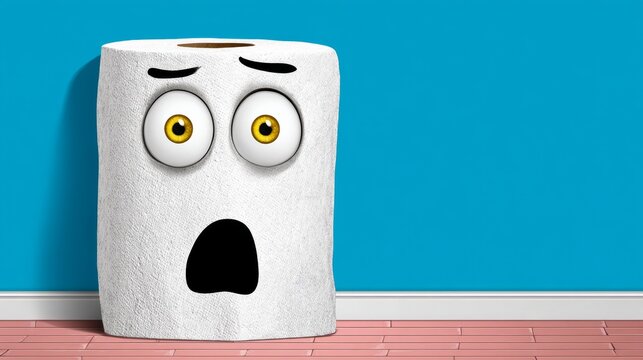 Cartoon toilet with its eyes wide open and a surprised expression. The toilet is placed against a blue wall - Powered by Adobe