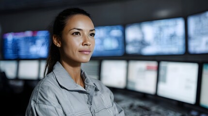 Professional woman in a control room monitors screens in a high tech facility