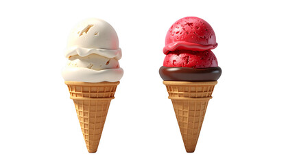 3D Ice Cream Cone Single and Double Scoop Two Variations isolated on transparent background