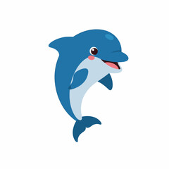 Cartoon dolphin smiling with a happy expression in a blue ocean.