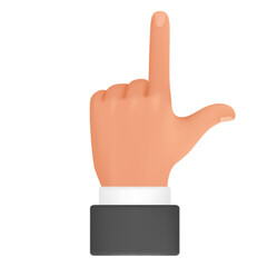 Human hand gesture with index finger up. Pointing upwards emphasize signal 3d cartoon illustration
