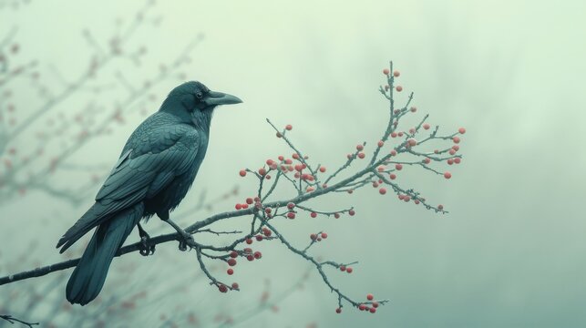 Dark Crow Perched on a Berry Branch in Misty Foggy Weather