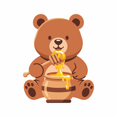 Adorable cartoon teddy bear eating sweet honey from a pot.
