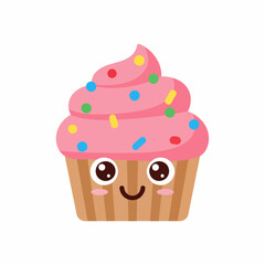 Cute Kawaii Cupcake with Pink Frosting and Sprinkles.