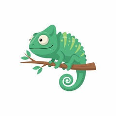 Cartoon Chameleon Perched on a Branch with Leaves.