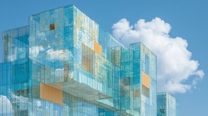 Modern high-rise office building in Brussels, showcasing abstract glass facade details reflecting clouds against a blue sky, embodying contemporary architectural elegance.