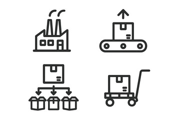 Supply chain management vector icon set. Industrial factory production, product distribution, conveyor belt packaging, and warehouse delivery. Logistics and shipping line icons.