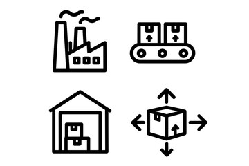 Industrial production and supply chain icon set. Vector line art icons of factory, conveyor belt, warehouse storage, and product distribution for logistics and manufacturing.