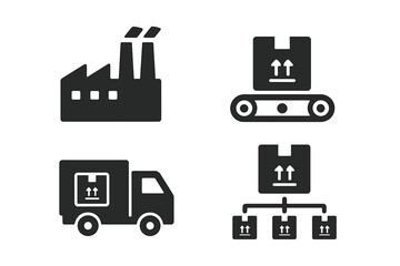 Industrial production and distribution icon set. Factory, conveyor belt, delivery truck, and logistics network. Supply chain management, manufacturing process and shipping concept.