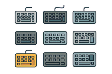 Keyboard icon set vector illustration. Collection of colorful computer keyboard symbols for web design. Wired and wireless input device icons for technology and typing concepts.