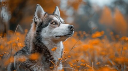 Majestic Husky Dog Among Golden Autumn Flowers Outdoor Portrait