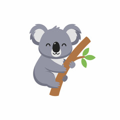 Cute cartoon koala bear climbing a tree branch with green leaves.