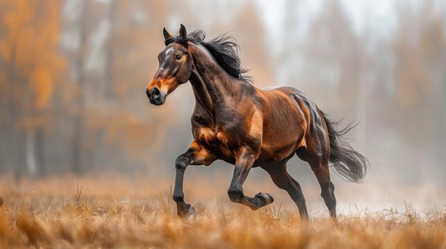 Majestic Brown Horse Galloping Through a Golden Autumn Field - Powered by Adobe