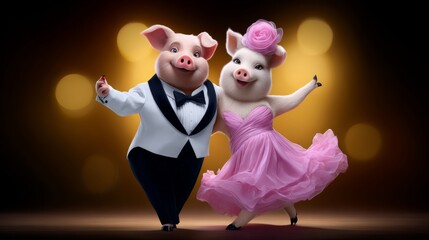 Couple of pigs dressed in formal wear are dancing on stage. Scene is lighthearted and fun