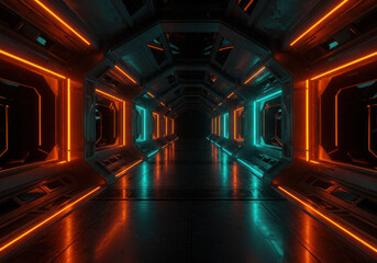 Futuristic tunnel with neon lights orange and teal reflections abstract concept