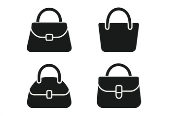 Handbag icon set. Collection of black purse silhouettes. Woman fashion accessory symbol. Vector graphic element for web and app design. Lady's bag, clutch, tote sign isolated.