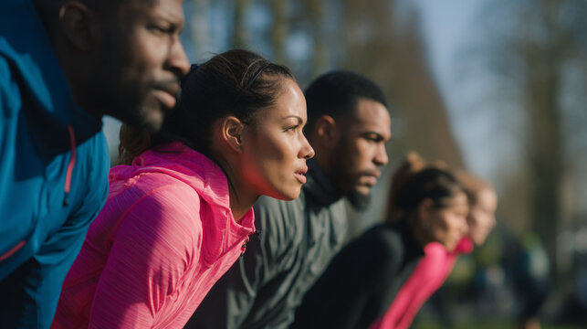 Group of diverse runners in athletic gear focused and ready to start a race outdoors