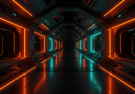 Futuristic tunnel with neon lights orange and teal reflections abstract concept