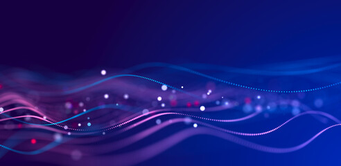 Abstract bright wave of glowing particles. The flow of musical sounds. Big data visualization. 3d rendering.