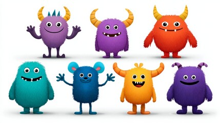 Naklejka premium Group of colorful monsters with different expressions and poses. Concept of fun and playfulness, as the monsters are depicted as friendly and approachable. The variety of colors