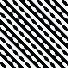 Seamless black and white abstract geometric pattern with diagonal stripes and oval shapes, perfect for textile, wallpaper, and background design.