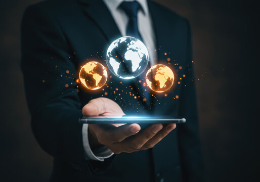 Businessman holding tablet with digital globes and connections business concept