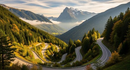 A winding mountain road snakes through a vibrant autumn valley, surrounded by majestic peaks and a misty atmosphere.