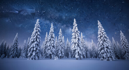 Magical winter night forest scene with snow covered pine trees under stars