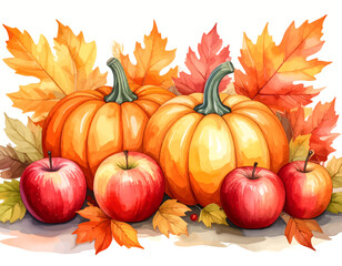 Watercolor Autumn Harvest Composition.Watercolor illustration of pumpkins, apples, and autumn leaves arranged in a seasonal harvest composition.
