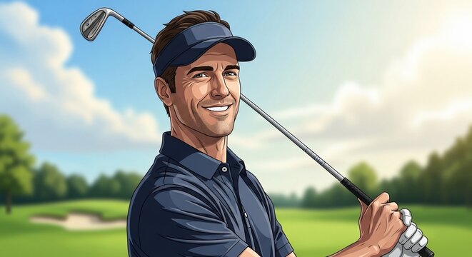 Smiling man in a blue polo shirt and visor holding a golf club over his shoulder on a sunny golf course with trees and clouds.