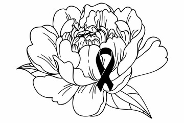 Obraz premium Elegant peony flower with black ribbon, illustration for mourning or sympathy