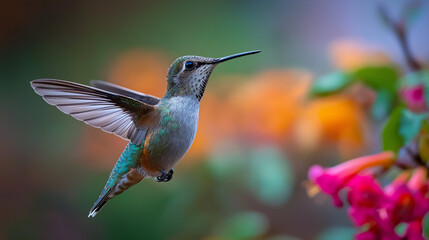 Fototapeta premium Hummingbird wing motion freeze, vibrant bird with wings outstretched over pink flower, sharp motion detail