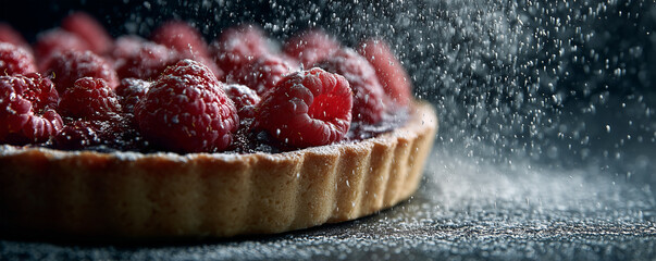 Raspberry tart garnished with powdered sugar cascading delicately in the air, showcasing culinary artistry in a cozy kitchen setting, inviting a sweet indulgence, captured in cinematic shallow depth o