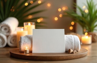 Blank card rests on soft spa towels near lit candles and green plants. Gentle bokeh lights create a calming ambience for relaxation or promotional use. Perfect for wellness centers.