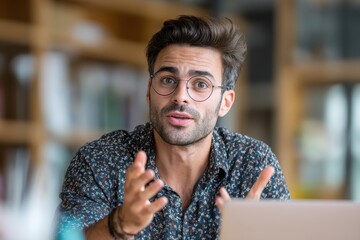 Businessman wearing suit jacket and glasses, shrugging during online conference, video call confusion, professional communication and technology concept.