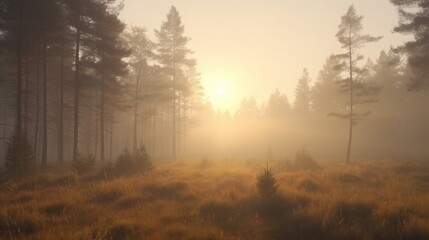 misty pine forest at sunrise