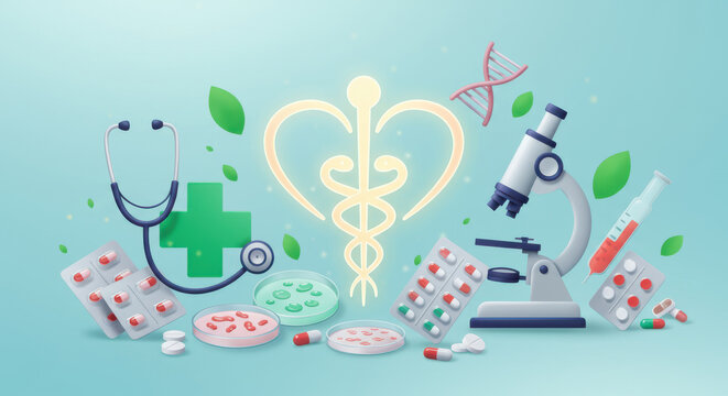 Medical science research and development with healthcare and biotechnology symbols
