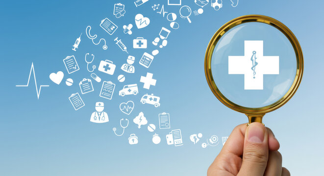 Magnifying glass focuses on white medical cross within digital healthcare icons background