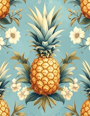 Repeating pattern with a stylized pineapple and floral elements