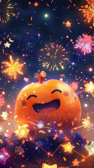 Vibrant Celebration with Smiling Orange Character Amidst Colorful Fireworks and Stars in Night Sky