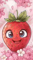 Cute Cartoon Strawberry Character Surrounded by Pink Cherry Blossoms with Big Eyes and a Happy Smile