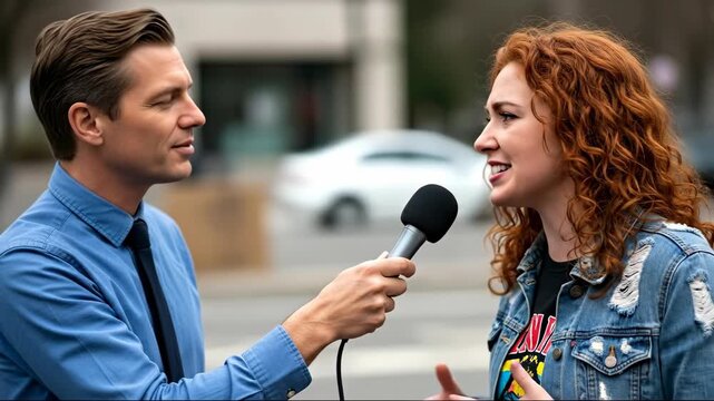 Man holding microphone interviewing woman outdoors for news or public opinion street reportage footage
