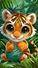 Adorable Cartoon Tiger Cub with Big Eyes Playing with Yarn in Lush Jungle Setting